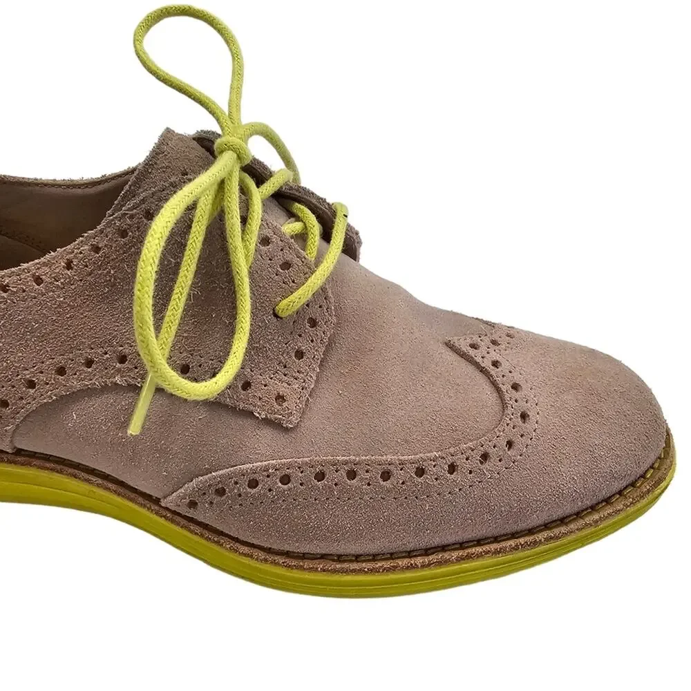 Cole Haan Shoes Womens Size 5.5 Tan Wingtip Oxford Suede Lace Up Chartreuse